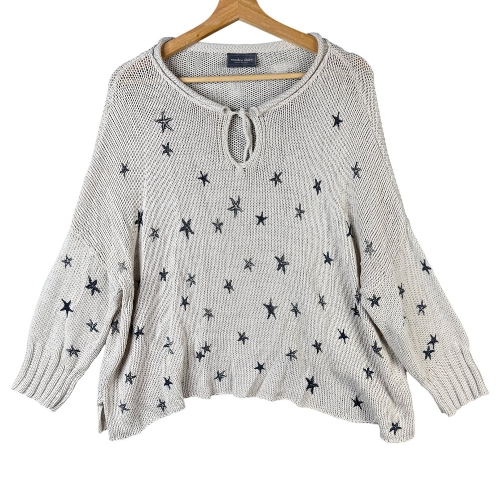 Wooden Ships Starry Night V-Keyhole Star Knit Sweater Cream Navy S/M